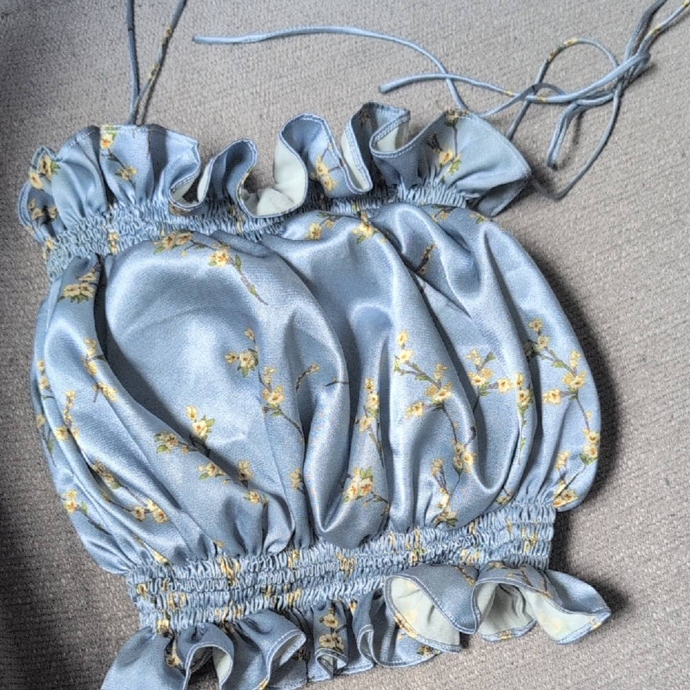 LAST CHANCE SELLING TO BUFFALO SOON  Floral Blue Crop Top with Ruffles